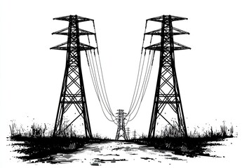 Black and white illustration of two power pylons