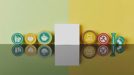 Colorful circular icons representing food safety and kitchen practices arranged on a two-toned background with a central blank square.