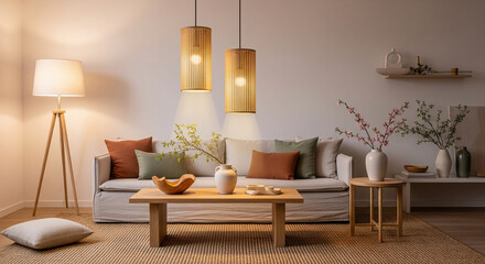 Japandi living room style with warm minimal lighting
