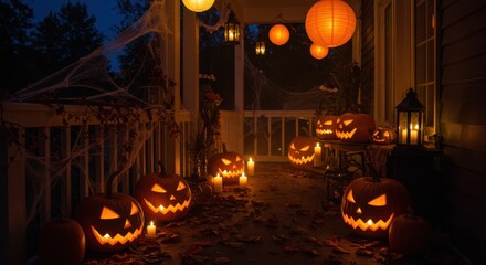 Many glowing jack-o'-lanterns scattered on a porch and yard at night with balloons