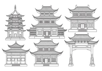 Complex line art featuring diverse traditional asian architecture forms