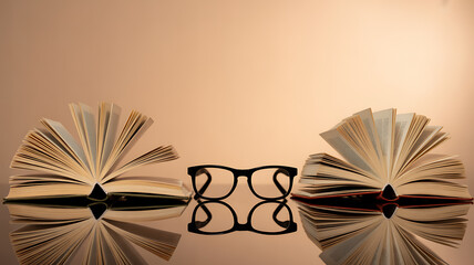 Open books and eyeglasses on reflective surface with warm lighting