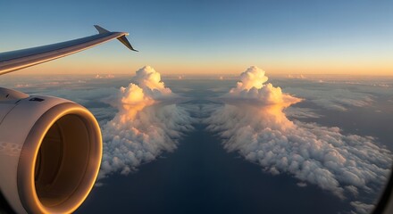 Aerial view showcasing a serene sky at sunset from airplane window