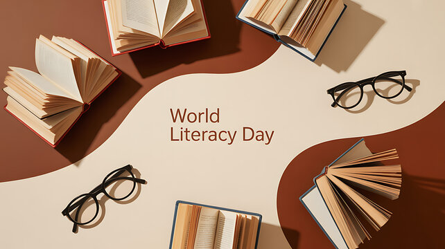 World Literacy Day celebration with open books and reading glasses arranged on a warm-toned background