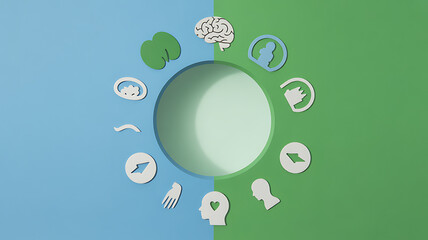 Circular arrangement of human body and brain icons on a split blue-green background