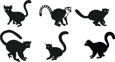 Lemur silhouette illustrations, black vector, ring-tailed detail, varied pose, animal design, character set, wildlife art, primate study
