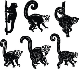 Lemur illustrations, stylized poses, climbing gesture, curled tail, geometric pattern, black and white, vector art, animal design, character set
