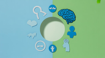 Circular arrangement of human biology and psychology symbols on a split blue-green background