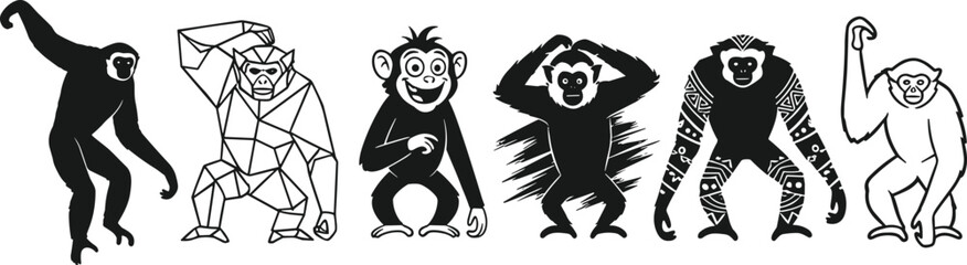 Monkey illustrations, stylized poses, geometric design, tribal pattern, cartoon expression, sketch texture, line art, vector set, character sheet