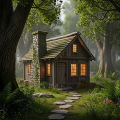 Rustic Cabin in a Misty Forest.