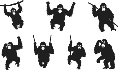 Monkey silhouette illustrations, black vector, white face, smiling expression, playful pose, stick gesture, dynamic movement, animal design, character set
