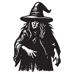 Dark Witch Casting Spell with Hands, Occult Power Symbol, Gothic Mystical Engraving Art