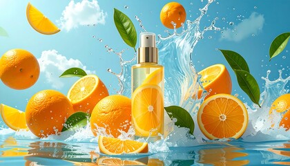 Fresh orange juice cosmetic product with water splashes