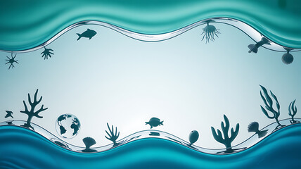Underwater scene with marine life and coral silhouettes against a wavy water surface