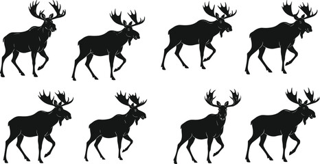 Moose silhouettes, walking poses, antler variation, wildlife vector, black design, nature icon, animal set, forest theme, expressive stance