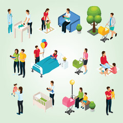Fototapeta premium Isometric Illustration of Family with Newborn Baby Scene and Parenthood Lifestyle