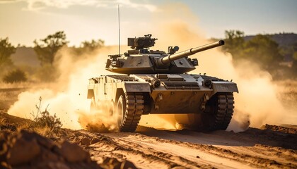 Rugged Terrain Action with Armored Personnel Carrier Moving Fast, Dust Flying, Tracks in Ground, Highlighting Tactical Military Vehicle Maneuver