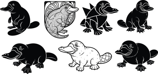 Platypus illustrations, stylized poses, silhouette design, geometric abstraction, cartoon character, line art, expressive texture, vector animal set
