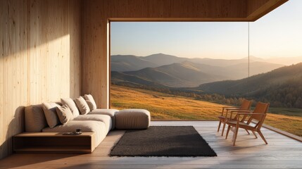 Fototapeta premium Sunset Japandi Style Living Room in Modern Hillside House