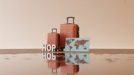 Two orange suitcases and a world map card on a reflective surface with the word 'HOP' displayed.