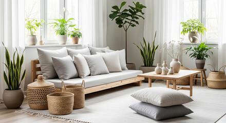 Nordic Japandi living room featuring linen cushions