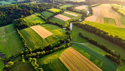 High-angle view of a rural landscape.  Fields, forests, and a winding river