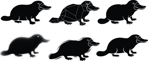 Platypus illustrations, stylized silhouettes, geometric design, stippled texture, flowing lines, minimal detail, vector animal set, artistic variation