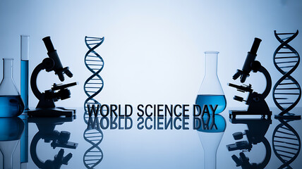 World Science Day celebration with laboratory equipment and DNA models on a reflective surface