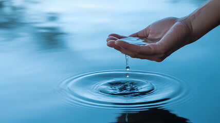 A hand holding water above a calm surface, releasing a single droplet that creates ripples.