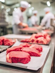 Meat Processing Workers Handling Cuts in Clean Factory Environment