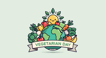 A cute cartoon illustration for World Vegetarian Day featuring the Earth surrounded by fresh vegetables and fruits under a smiling sun.