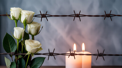 White roses and lit candles behind barbed wire, symbolizing remembrance or mourning