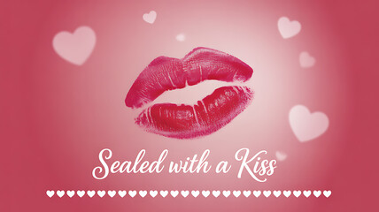 A red lipstick kiss mark on a pink background with hearts and the text 'Sealed with a Kiss'