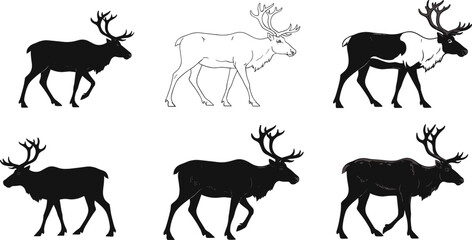 Reindeer illustrations, walking poses, stylized designs, black and white contrast, shaded texture, festive animal set, vector wildlife artwork