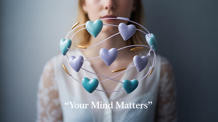 A person holding a circular arrangement of heart-shaped objects with the text 'Your Mind Matters' displayed.