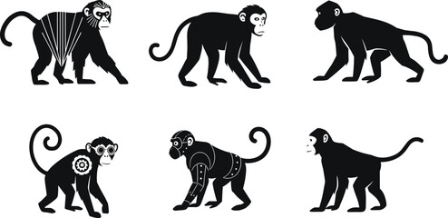 Stylized monkey illustrations, black vector, robotic limbs, steampunk gear, silhouette pose, expressive face, concept art, animal design, character set