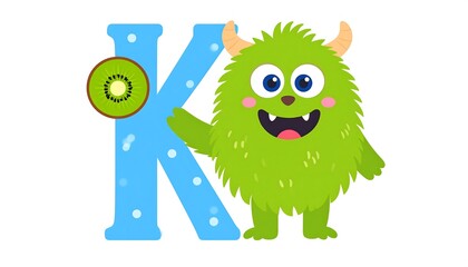 Cute green monster holding kiwi, next to letter K