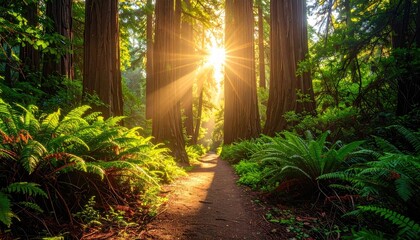Sunburst through a forest path lined with green ferns and towering trees, creating a warm, tranquil atmosphere