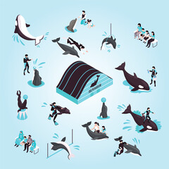 Isometric Detailed Dolphinarium Show Performance with Trained Marine Mammals Illustration