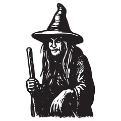 Classic Witch with Magic Staff, Esoteric Ritual Tool, Vintage Gothic Fantasy Art