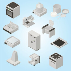 Isometric Professional Kitchen Equipment Illustration with Stainless Steel Appliances Set