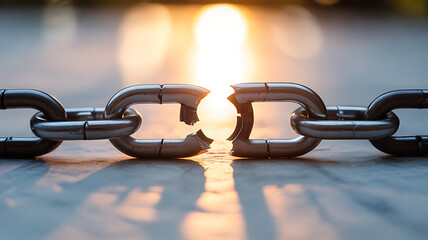 Broken metal chain link with sunlight glowing through the gap on a reflective surface