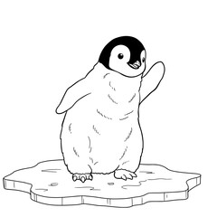 A cute cartoon baby penguin stands on floating ice with one flipper raised in a friendly wave. Its fluffy body, cheerful face, and playful pose make it perfect for kid-friendly designs.