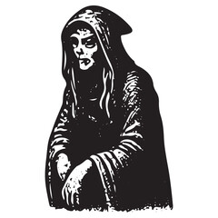 Mysterious Hooded Witch Engraving, Occult Silence Symbol, Gothic Mystical Art