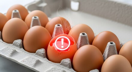 Digital warning icon illuminating a cracked egg in a carton, symbolizing a critical food safety alert, potential defect, or product quality issue