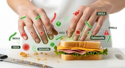 Unwashed hands transferring various germs, bacteria, and pathogens to a sandwich, illustrating the concept of foodborne illness and contamination