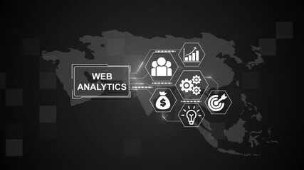 Web Analytics, Hologram Futuristic Interface Concept. Business, Technology, Internet and network concept. Digital world map technology background. - Powered by Adobe
