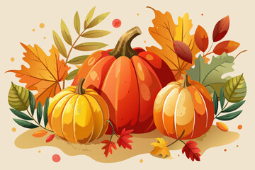 Naklejka premium Watercolor style textured pumpkins and autumn leaves vector illustration scalable graphic design