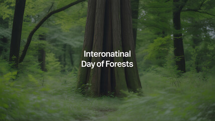 International Day of Forests celebrated with a serene forest scene featuring tall trees and lush greenery