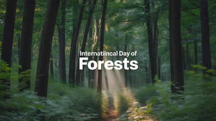 International Day of Forests celebrated with a serene forest scene featuring sunlight filtering through tall trees and lush greenery.